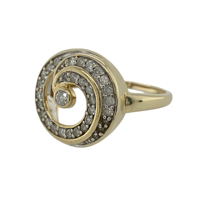 Make a sophisticated statement with this pre-owned 9ct yellow gold diamond swirl ring, featuring an elegant flowing design set with sparkling diamonds for timeless appeal.

Design: The ring showcases a graceful swirl motif across the front, with flowing curves beautifully accented by sparkling diamonds. Measuring approximately 16mm high at the front, the sweeping design creates an eye-catching statement while maintaining an elegant and feminine appearance.