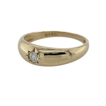 Enjoy classic elegance with this pre-owned 9ct yellow gold diamond solitaire band ring, featuring a sparkling brilliant-cut diamond set into a substantial polished band for a timeless and sophisticated look.

Design: The ring showcases a beautiful brilliant-cut diamond weighing approximately 0.15ct, securely set into a classic solitaire-style band that places full emphasis on the sparkle of the centre stone.