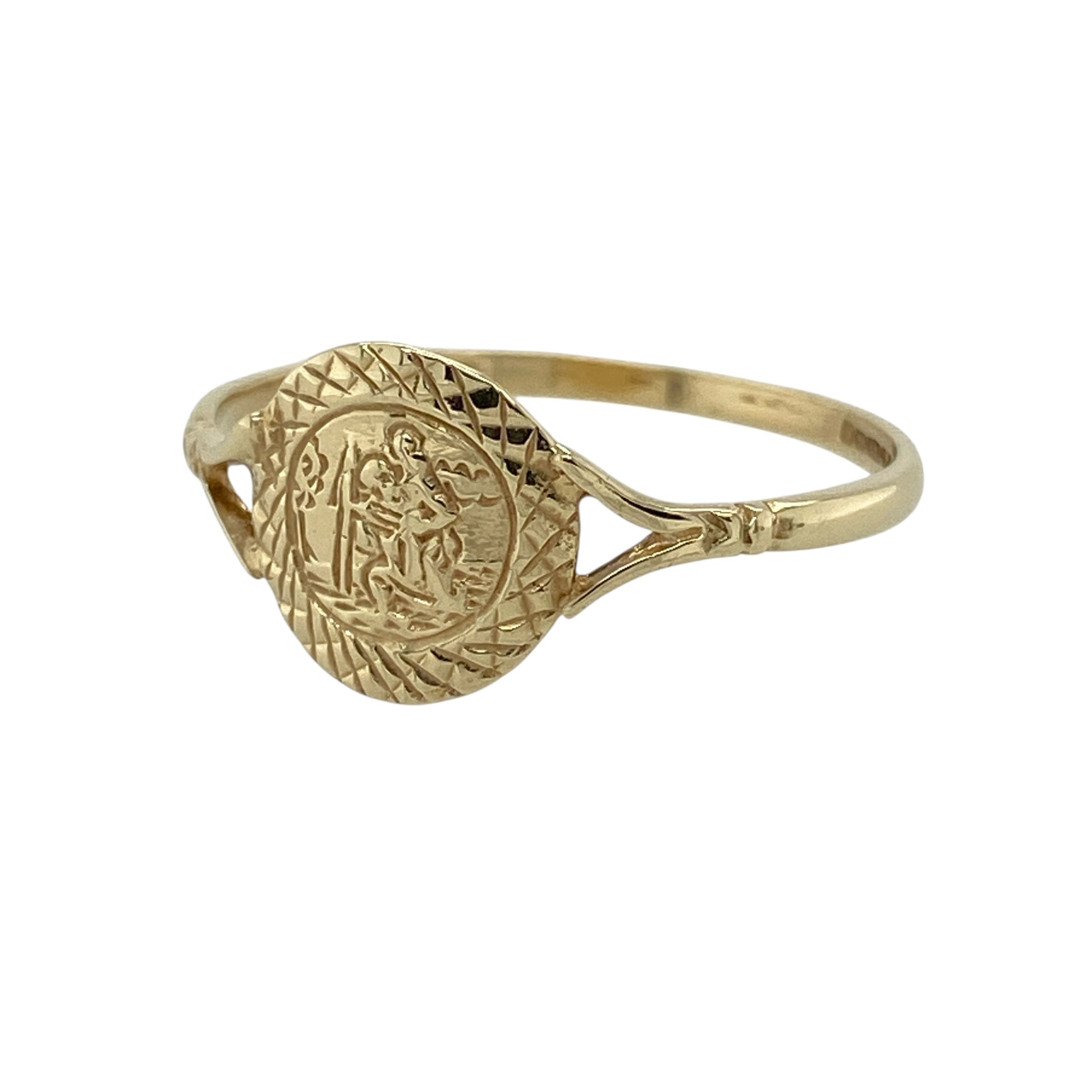 Carry a timeless symbol of protection with this pre-owned 9ct yellow gold St Christopher ring, featuring a traditional St Christopher motif beautifully presented in a classic signet-style design.

Design: The ring showcases a detailed St Christopher emblem on a rounded face measuring approximately 10mm high. The traditional design offers both classic style and meaningful symbolism, making it a distinctive piece that can be worn every day.