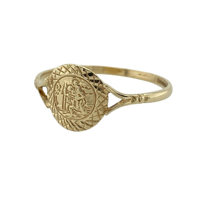 Carry a timeless symbol of protection with this pre-owned 9ct yellow gold St Christopher ring, featuring a traditional St Christopher motif beautifully presented in a classic signet-style design.

Design: The ring showcases a detailed St Christopher emblem on a rounded face measuring approximately 10mm high. The traditional design offers both classic style and meaningful symbolism, making it a distinctive piece that can be worn every day.