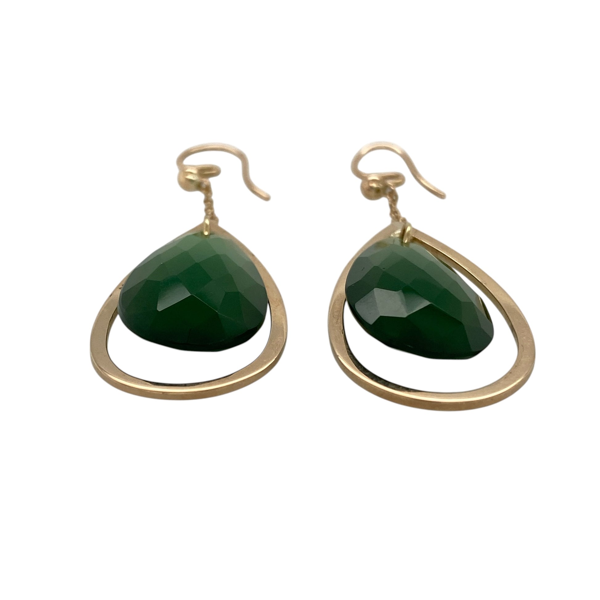 Make a bold statement with these pre-owned 9ct rose gold green teardrop stone drop earrings, featuring striking oversized teardrop stones suspended from elegant rose gold fittings.

Design: These eye-catching drop earrings showcase large green teardrop-shaped stones, each measuring approximately 34mm by 18mm. Their elegant elongated shape and vibrant green colour create a sophisticated look with beautiful movement, making them perfect for special occasions or adding glamour to an evening outfit.