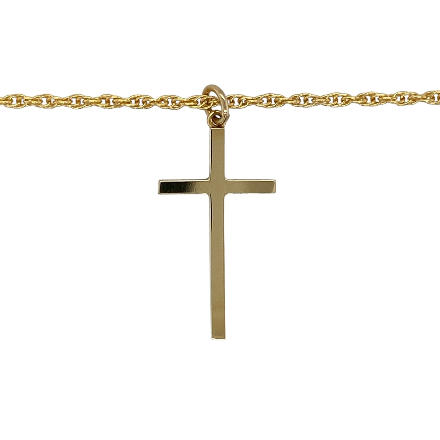 Carry a timeless symbol of faith with this pre-owned 9ct yellow gold plain cross pendant necklace, featuring a classic polished cross suspended from an elegant 15-inch Prince of Wales chain.

Design: The necklace showcases a beautifully crafted plain cross pendant with a smooth polished finish that highlights its clean, classic lines. Measuring approximately 3.1cm in length including the bail, the cross offers a refined yet noticeable presence, making it suitable for everyday wear or special occasions.
