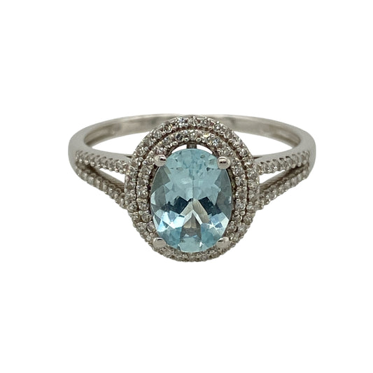9ct White Gold Diamond & Blue Stone Ring