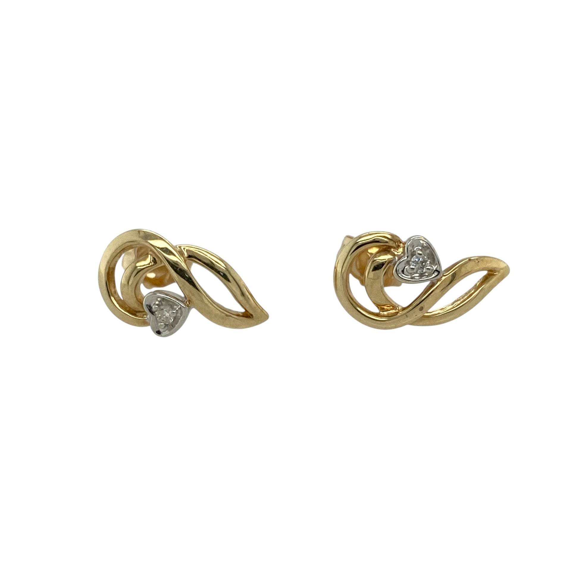 Add a touch of romance to your jewellery collection with these pre-owned 9ct yellow and white gold diamond heart swirl stud earrings, featuring an elegant two-tone heart design with sparkling diamond accents.

Design: These beautifully crafted stud earrings showcase an elegant heart motif with a graceful swirl design, combining polished yellow and white gold for a sophisticated two-tone finish. Sparkling diamond accents add a subtle touch of brilliance, enhancing the romantic and contemporary styling.