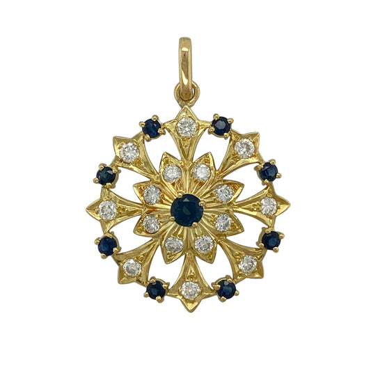 18ct Gold Diamond & Sapphire Vintage Style Flower Pendant