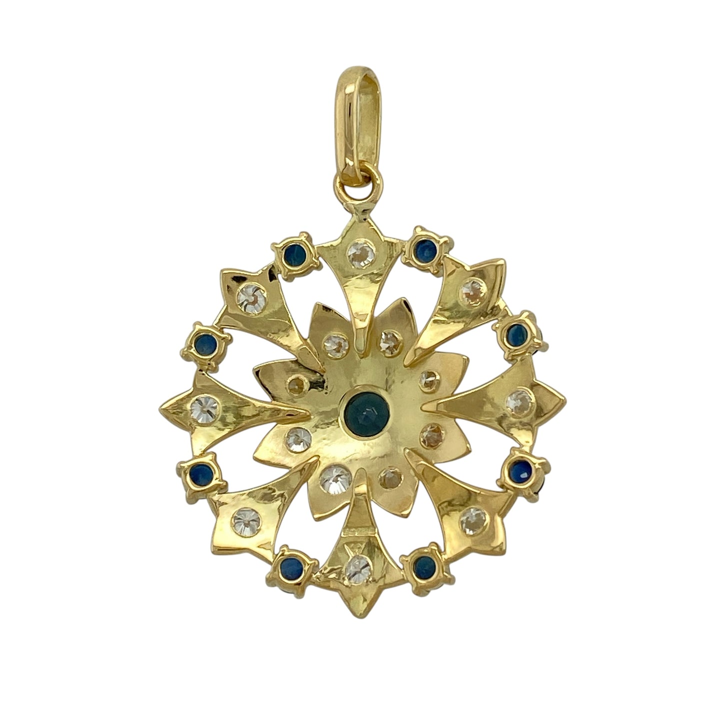 Make a truly elegant statement with this pre-owned 18ct yellow gold diamond and sapphire vintage style flower pendant, featuring an exquisite floral design with a stunning combination of sparkling diamonds and rich blue sapphires.

Design: This beautifully crafted pendant is designed in a striking vintage-inspired flower motif, showcasing a vibrant round centre sapphire measuring approximately 5mm in diameter.