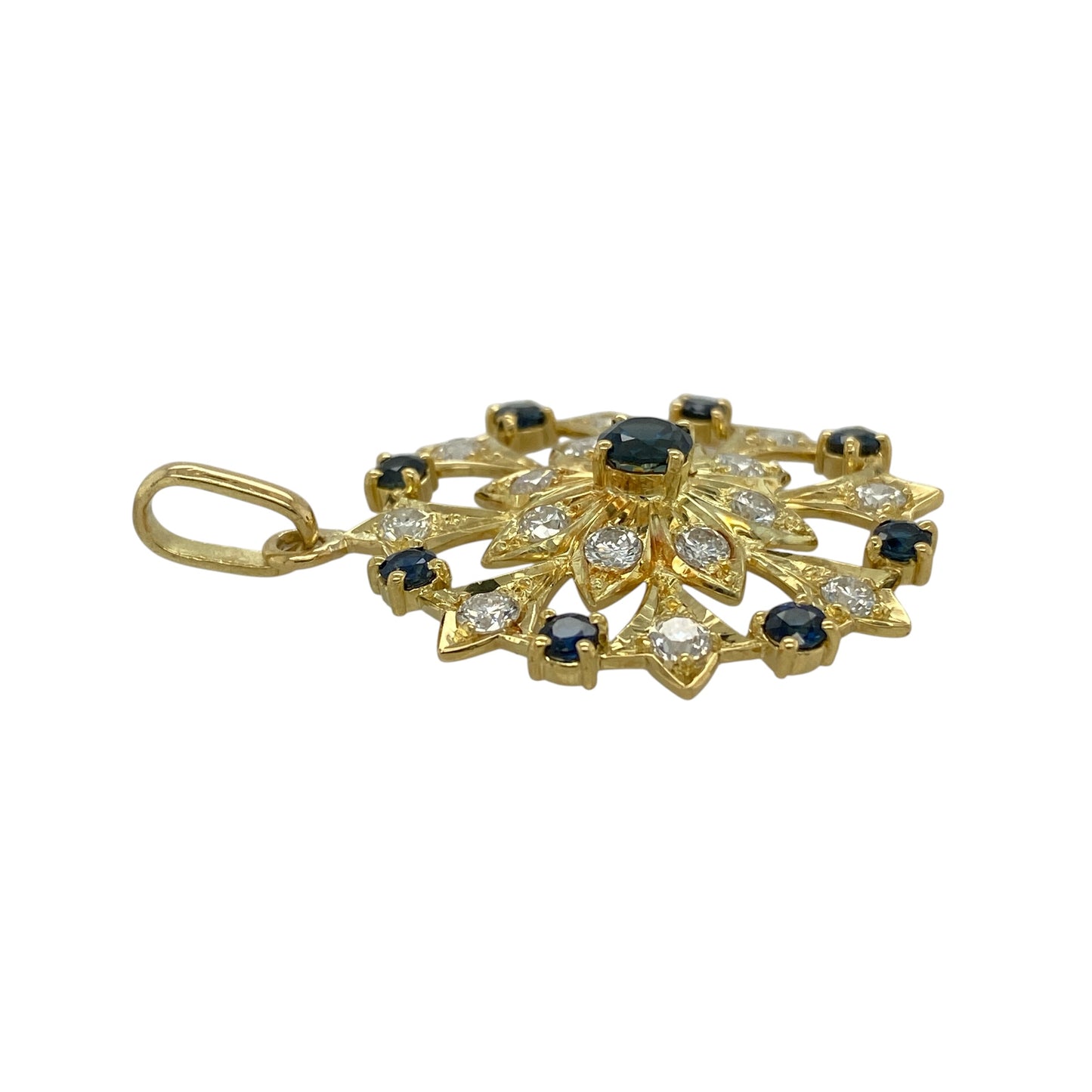 18ct Gold Diamond & Sapphire Vintage Style Flower Pendant