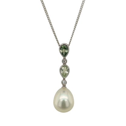 18ct White Gold Diamond Pearl & Topaz 18" Necklace