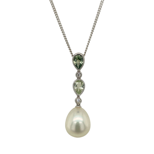 18ct White Gold Diamond Pearl & Topaz 18" Necklace