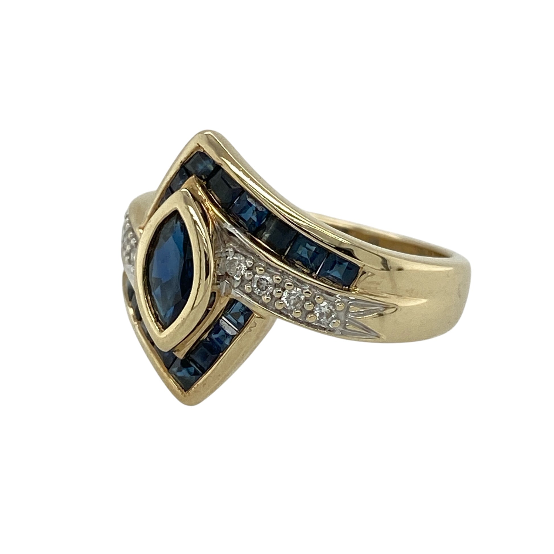 Add timeless elegance to your jewellery collection with this pre-owned 9ct yellow gold diamond and sapphire marquise ring, featuring a striking marquise-cut sapphire surrounded by sparkling diamonds and rich blue sapphires.

Design: The ring showcases a beautiful marquise-cut sapphire measuring approximately 7mm by 3.5mm, creating an elegant elongated focal point.