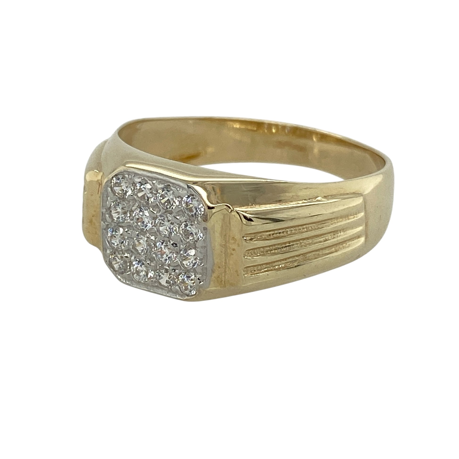 Make a bold statement with this pre-owned 9ct yellow gold cubic zirconia watch style signet ring, featuring a distinctive design that combines classic signet styling with eye-catching sparkle.

Design: The ring showcases a striking watch-inspired signet face set with sparkling cubic zirconia, creating a unique and contemporary look. Measuring approximately 9mm high across the front, the bold design offers excellent presence while maintaining an elegant and wearable profile.