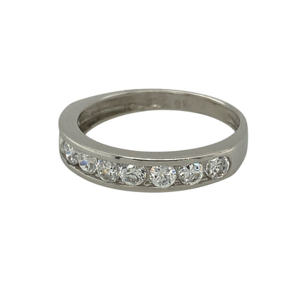 Add timeless sparkle to your jewellery collection with this pre-owned 9ct white gold cubic zirconia band ring, featuring a classic design set with shimmering round stones.

Design: This elegant band ring is set with a row of sparkling round cubic zirconia stones, each measuring approximately 3mm in diameter. The clean, timeless design offers plenty of brilliance while remaining refined enough for everyday wear or special occasions.
