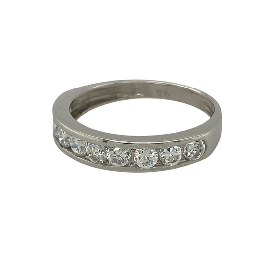 Add timeless sparkle to your jewellery collection with this pre-owned 9ct white gold cubic zirconia band ring, featuring a classic design set with shimmering round stones.

Design: This elegant band ring is set with a row of sparkling round cubic zirconia stones, each measuring approximately 3mm in diameter. The clean, timeless design offers plenty of brilliance while remaining refined enough for everyday wear or special occasions.