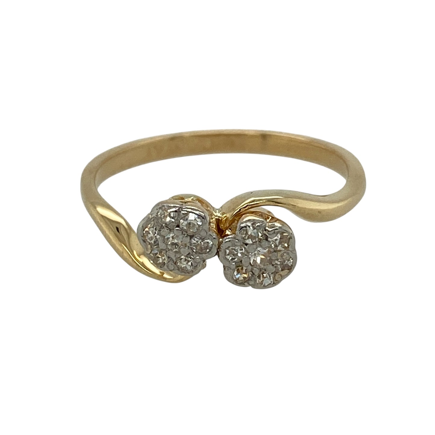 18ct Gold & Platinum Diamond Vintage Style Double Cluster Twist Ring