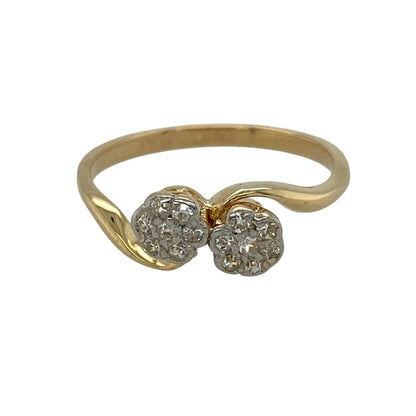 18ct Gold & Platinum Diamond Vintage Style Double Cluster Twist Ring