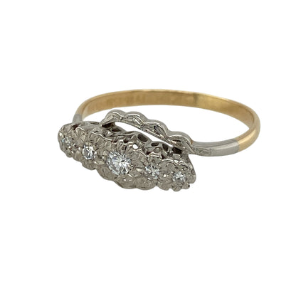 Add timeless elegance and vintage-inspired charm to your fine jewellery collection with this pre-owned 18ct yellow gold and platinum diamond five stone twist ring, featuring a graceful flowing design set with five sparkling diamonds.

Design: The ring showcases five diamonds arranged across an elegant twist-style setting, creating a beautifully balanced display of sparkle and movement.