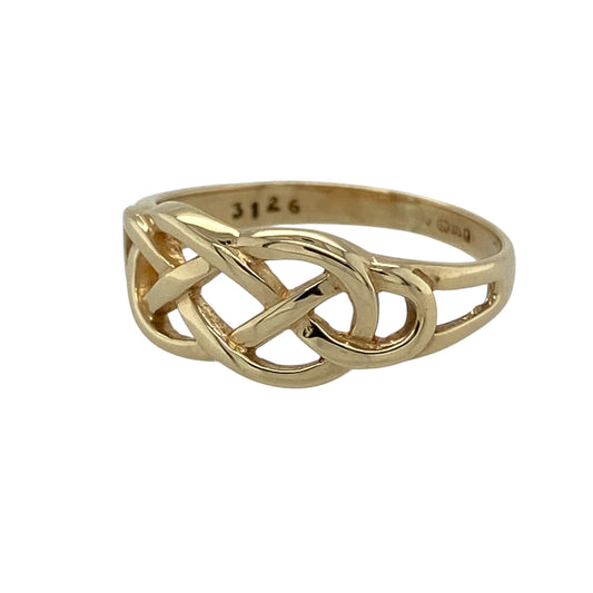 Celebrate timeless symbolism and traditional styling with this pre-owned 9ct yellow gold Celtic knot ring, featuring an intricate interwoven design with meaningful heritage appeal.

Design: The ring showcases a classic Celtic knot motif formed from flowing, interlaced lines that create an elegant and distinctive appearance. Measuring approximately 7mm high across the front, the design offers an eye-catching presence while remaining comfortable and versatile for everyday wear.