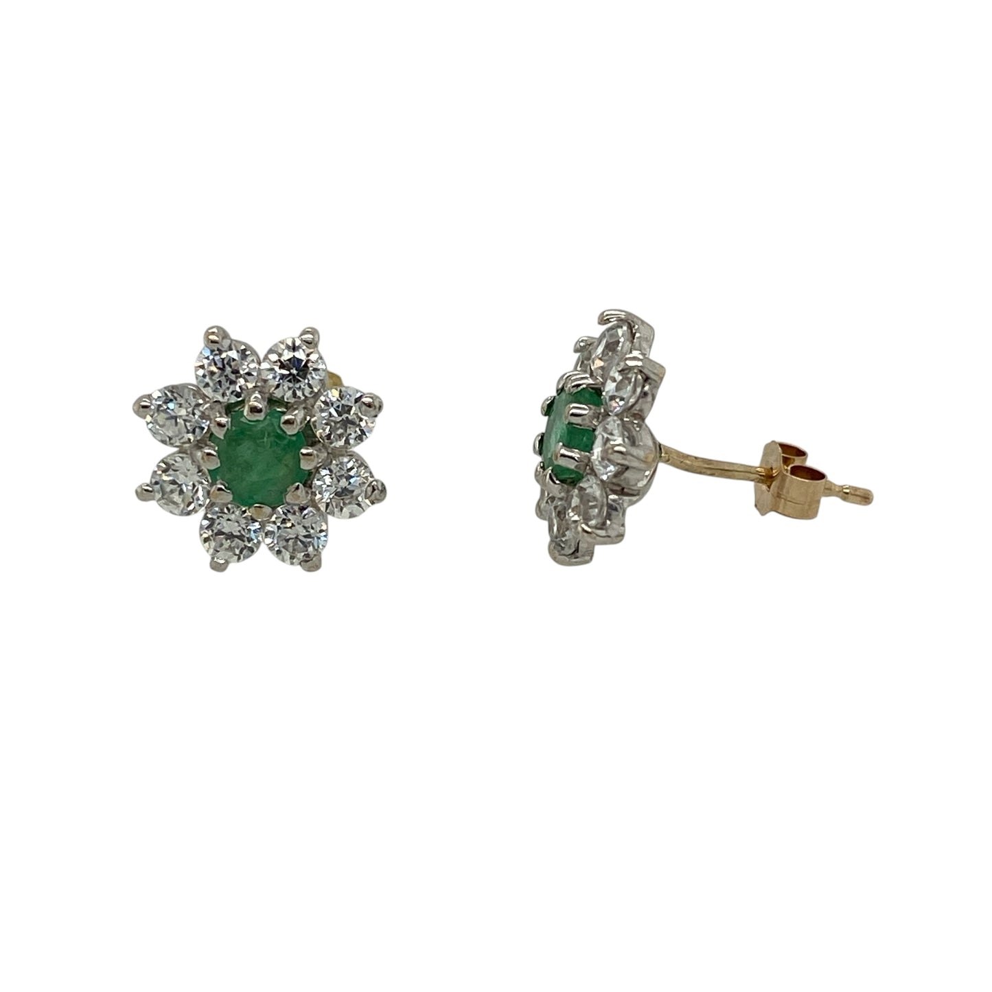 9ct Gold Green Stone & Cubic Zirconia Cluster Stud Earrings