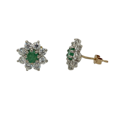 9ct Gold Green Stone & Cubic Zirconia Cluster Stud Earrings