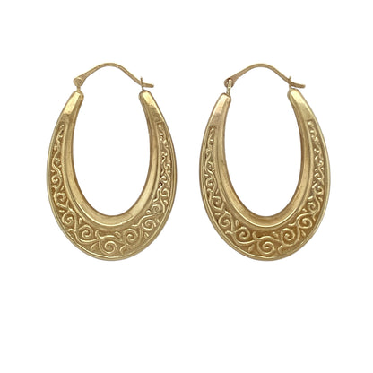 9ct Gold Swirl Patterned Oval Creole Earrings