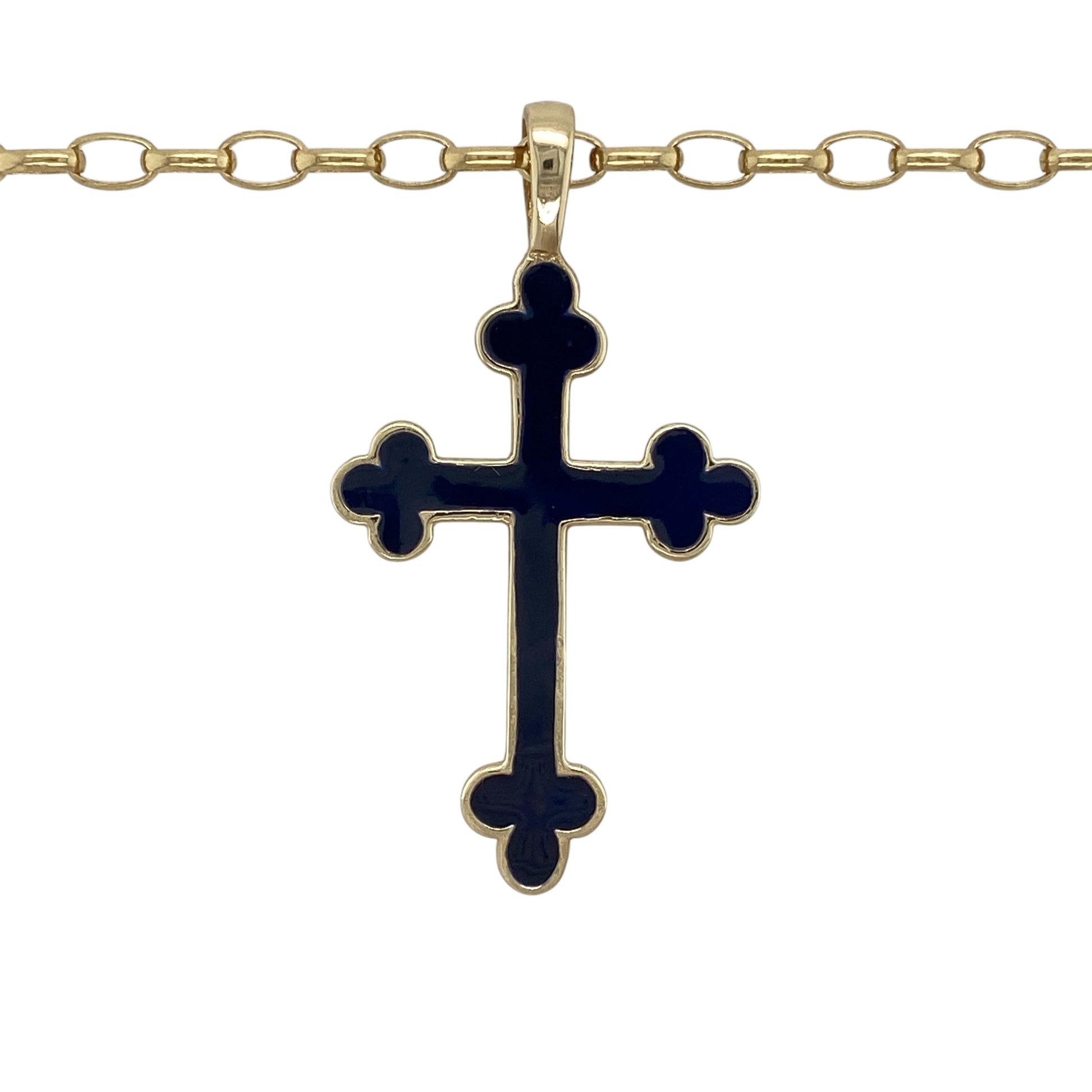 Add meaningful symbolism and distinctive colour to your jewellery collection with this pre-owned 9ct yellow gold and blue enamel cross pendant necklace, complete with a substantial 22-inch belcher chain.

Design: The necklace showcases a striking cross pendant enhanced with blue enamel detailing, creating an eye-catching contrast against the warm tones of the yellow gold. Measuring approximately 5cm long, including the bail, the pendant offers a bold and noticeable presence when worn.