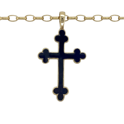 Add meaningful symbolism and distinctive colour to your jewellery collection with this pre-owned 9ct yellow gold and blue enamel cross pendant necklace, complete with a substantial 22-inch belcher chain.

Design: The necklace showcases a striking cross pendant enhanced with blue enamel detailing, creating an eye-catching contrast against the warm tones of the yellow gold. Measuring approximately 5cm long, including the bail, the pendant offers a bold and noticeable presence when worn.