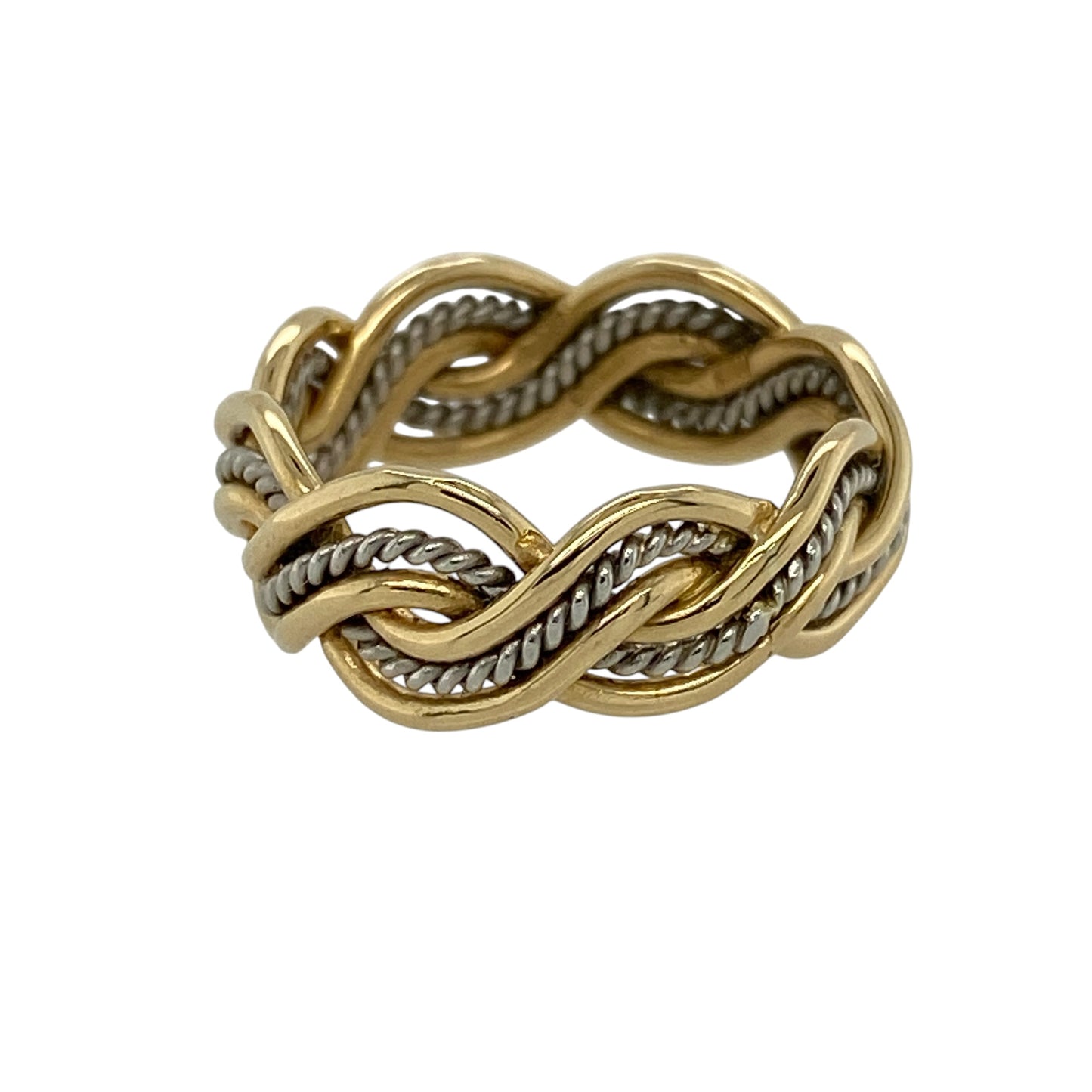 Celebrate Welsh heritage and timeless craftsmanship with this pre-owned 18ct yellow and white Welsh gold twisted band ring, featuring an elegant two-tone design with distinctive flowing detail.

Design: The ring showcases a stylish twisted band design that combines contrasting yellow and white gold tones, creating depth, movement and visual interest. Measuring approximately 6mm wide, the substantial profile gives the ring an eye-catching presence while maintaining a refined and timeless appearance.