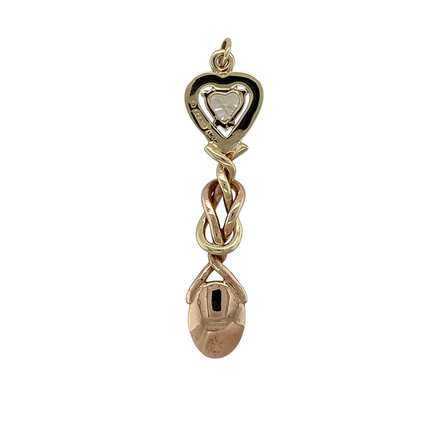 Celebrate Welsh tradition and romantic symbolism with this pre-owned 9ct yellow and rose gold cubic zirconia heart Clogau lovespoon pendant, featuring a distinctive two-tone design inspired by the heritage of the traditional Welsh lovespoon.

Design: The pendant showcases an elegant lovespoon-inspired design incorporating a heart motif, creating a meaningful and decorative appearance.