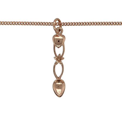 Celebrate romantic symbolism and traditional Welsh-inspired styling with this pre-owned 9ct rose gold heart and flower lovespoon pendant necklace, featuring a meaningful decorative design complete with an 18-inch curb chain.

Design: The necklace showcases an elegant lovespoon-inspired pendant incorporating heart and flower motifs, creating a distinctive design with romantic and nature-inspired appeal.