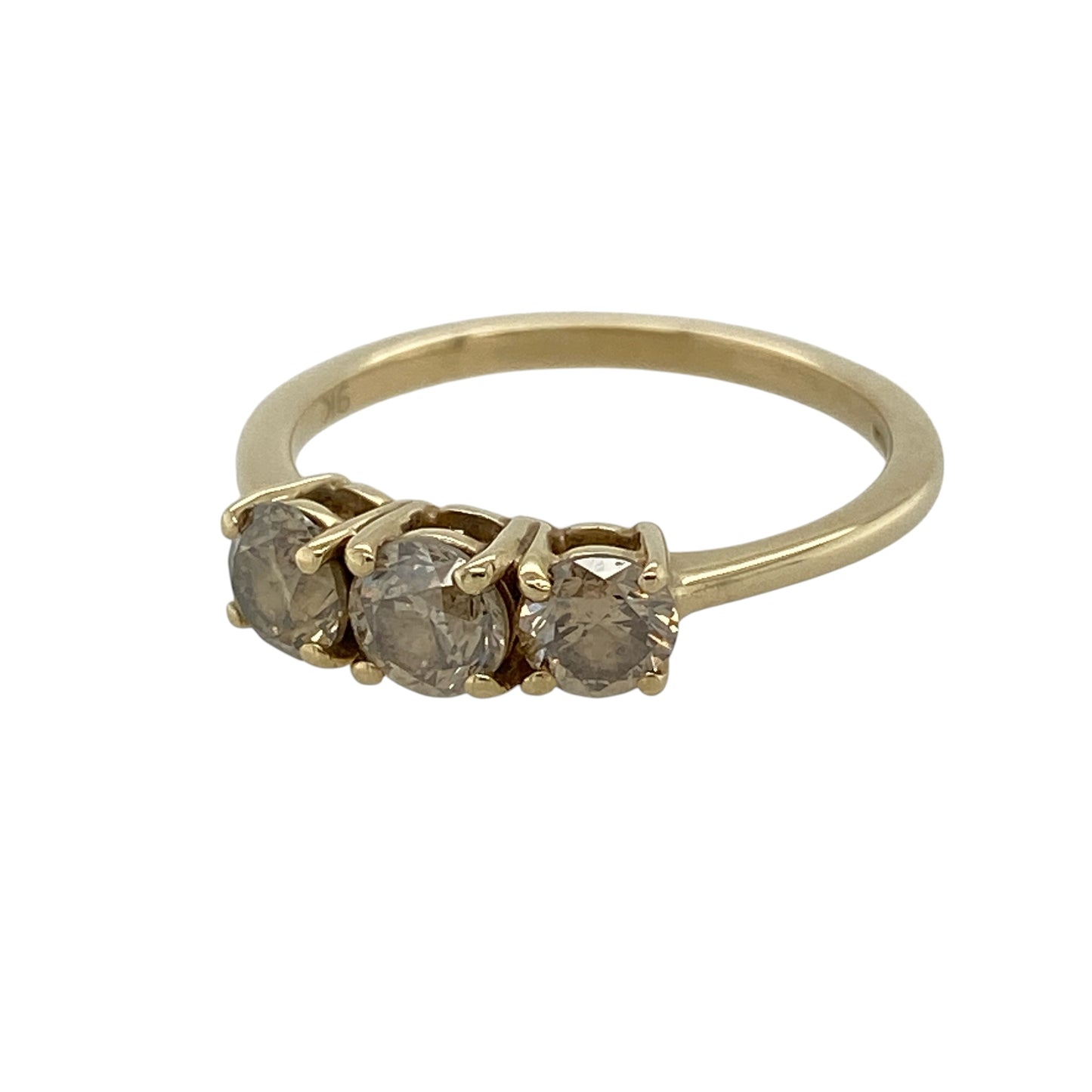 Add warmth, elegance and distinctive sparkle to your jewellery collection with this pre-owned 9ct yellow gold champagne diamond trilogy ring, featuring three beautifully matched diamonds in a timeless setting.

Design: The ring showcases a classic trilogy design with three champagne diamonds arranged across the centre, symbolising the past, present and future. The elegant setting offers a timeless appearance that makes the ring suitable for everyday wear or as a meaningful gift for a special occasion.