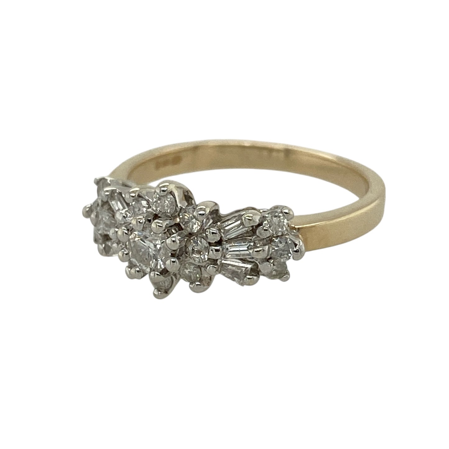 Celebrate timeless elegance with this pre-owned 9ct yellow gold diamond cluster ring, featuring a beautiful combination of baguette and brilliant-cut diamonds in a classic, sparkling design.

Design: The ring showcases an elegant diamond cluster with a harmonious arrangement of baguette and brilliant-cut diamonds, creating a sophisticated display of brilliance and texture.