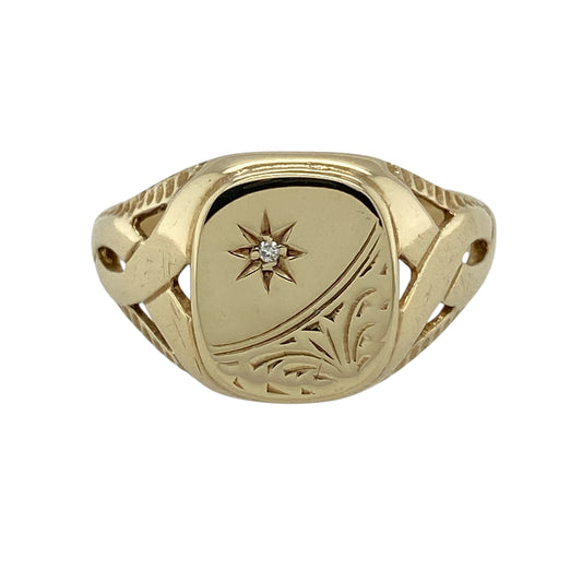 9ct Gold & Diamond Patterned Signet Ring
