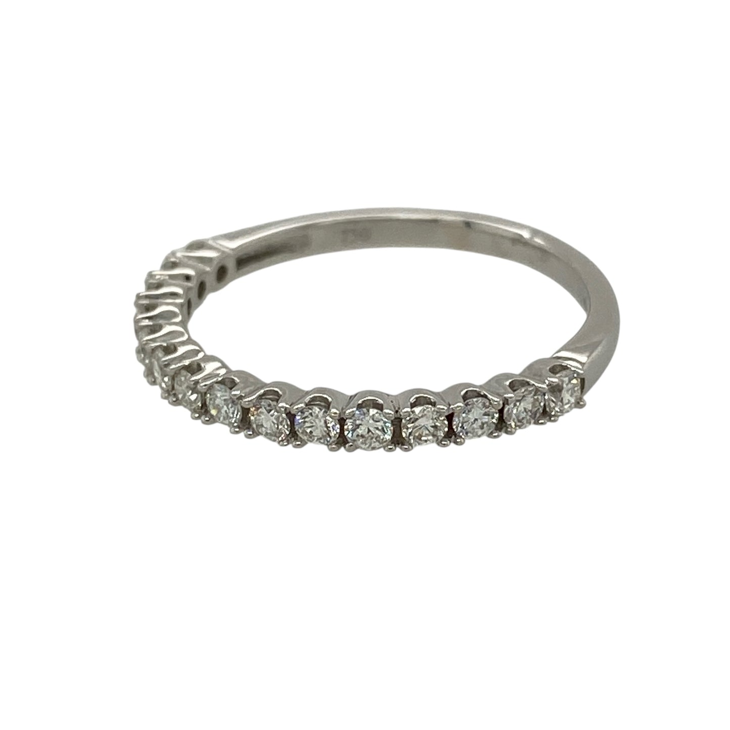 Add refined sparkle and timeless elegance to your fine jewellery collection with this pre-owned 18ct white gold diamond band ring, featuring fifteen brilliant-cut diamonds in a classic and versatile design.

Design: The ring showcases a slim and elegant diamond-set band measuring approximately 2mm wide. Its refined profile and sparkling diamond detailing create a timeless appearance suitable for everyday wear, special occasions or pairing alongside an engagement ring or other fine jewellery.