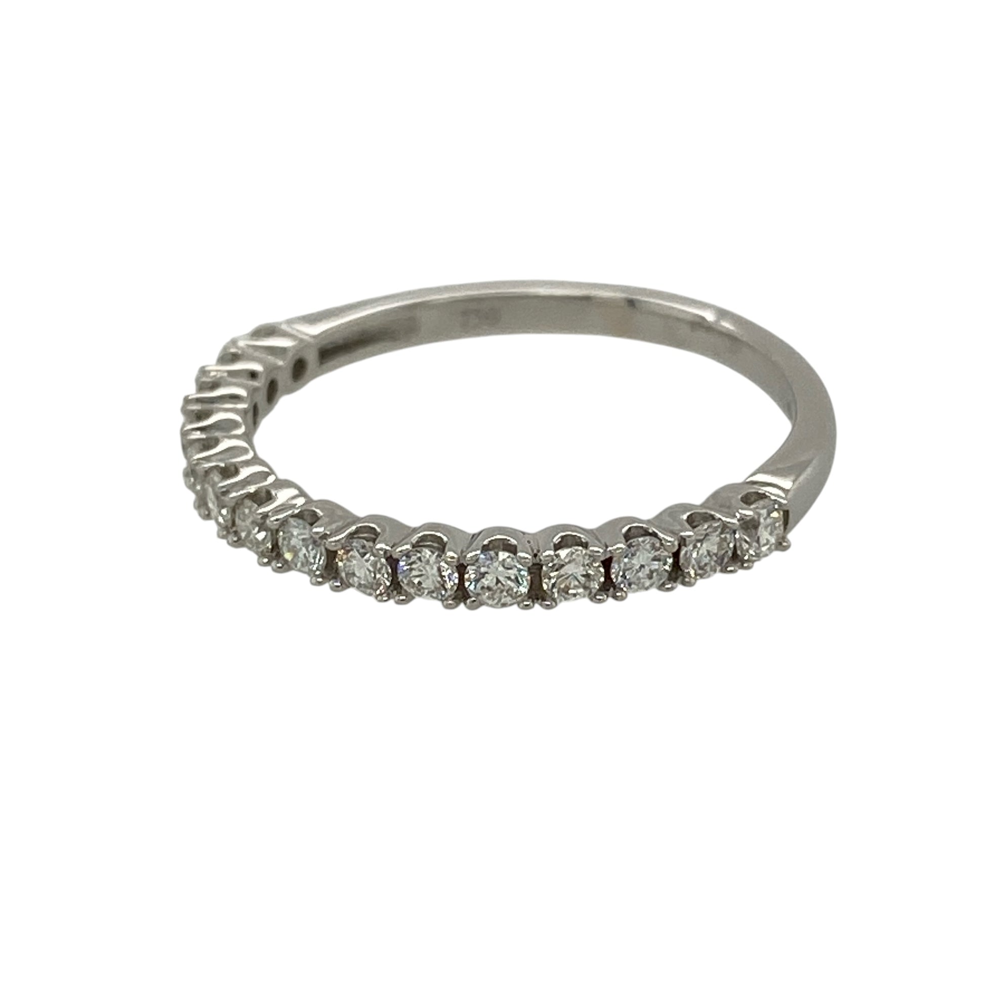 Add refined sparkle and timeless elegance to your fine jewellery collection with this pre-owned 18ct white gold diamond band ring, featuring fifteen brilliant-cut diamonds in a classic and versatile design.

Design: The ring showcases a slim and elegant diamond-set band measuring approximately 2mm wide. Its refined profile and sparkling diamond detailing create a timeless appearance suitable for everyday wear, special occasions or pairing alongside an engagement ring or other fine jewellery.