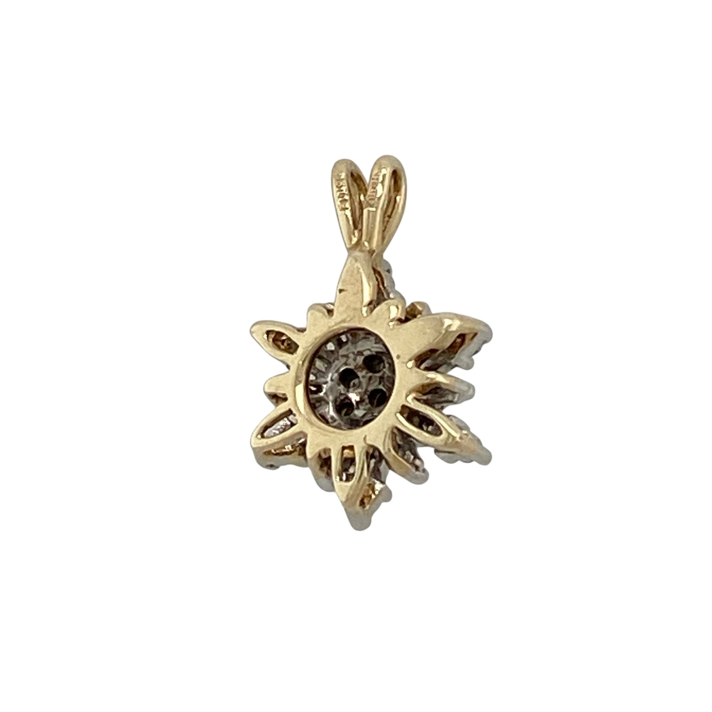 Add elegant sparkle and distinctive seasonal-inspired styling to your jewellery collection with this pre-owned 9ct yellow gold diamond snowflake-style cluster pendant, featuring an eye-catching arrangement of sparkling diamonds.

Design: The pendant showcases a decorative snowflake-style cluster design, with diamonds arranged to create a delicate and symmetrical appearance.