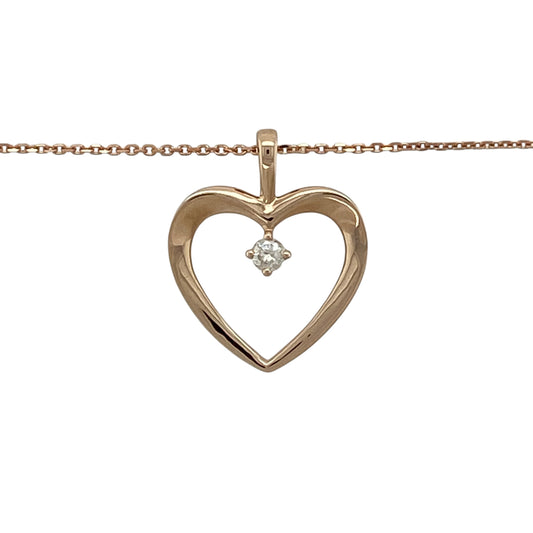 Celebrate romantic styling and delicate sparkle with this pre-owned 9ct rose gold diamond open heart pendant necklace, complete with a fine 16-inch belcher chain.

Design: The necklace showcases an elegant open heart pendant, creating a timeless symbol of love and affection with a light and graceful appearance. Sparkling diamond detailing enhances the romantic design, adding subtle brilliance and an attractive focal point when worn.