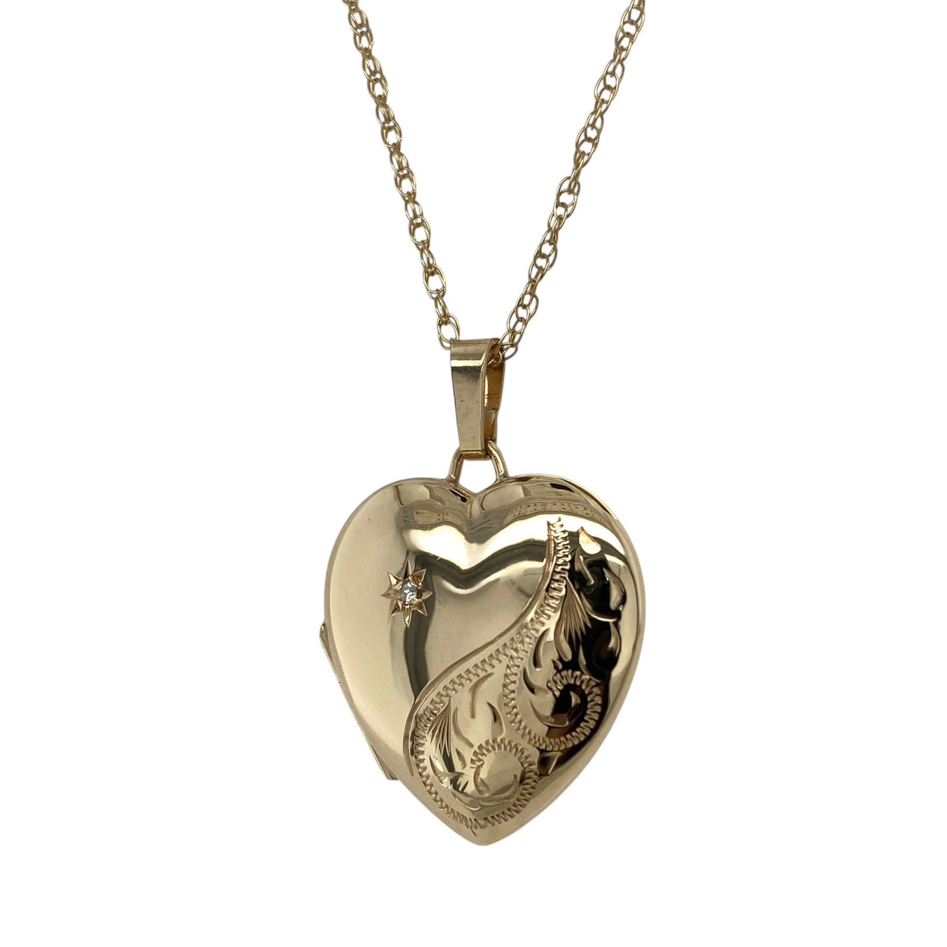 9ct Gold & Diamond Patterned Heart Locket 18" Necklace
