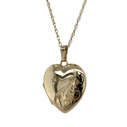 9ct Gold & Diamond Patterned Heart Locket 18" Necklace