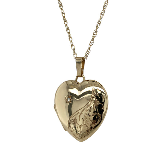 9ct Gold & Diamond Patterned Heart Locket 18" Necklace
