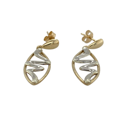 Add contemporary two-tone styling and distinctive movement to your jewellery collection with these pre-owned 9ct yellow and white gold squiggle marquise-shaped drop earrings, featuring an elegant and eye-catching design.

Design: The earrings showcase a stylish marquise-shaped drop profile enhanced with flowing squiggle detailing, creating a distinctive appearance with graceful lines and visual interest.