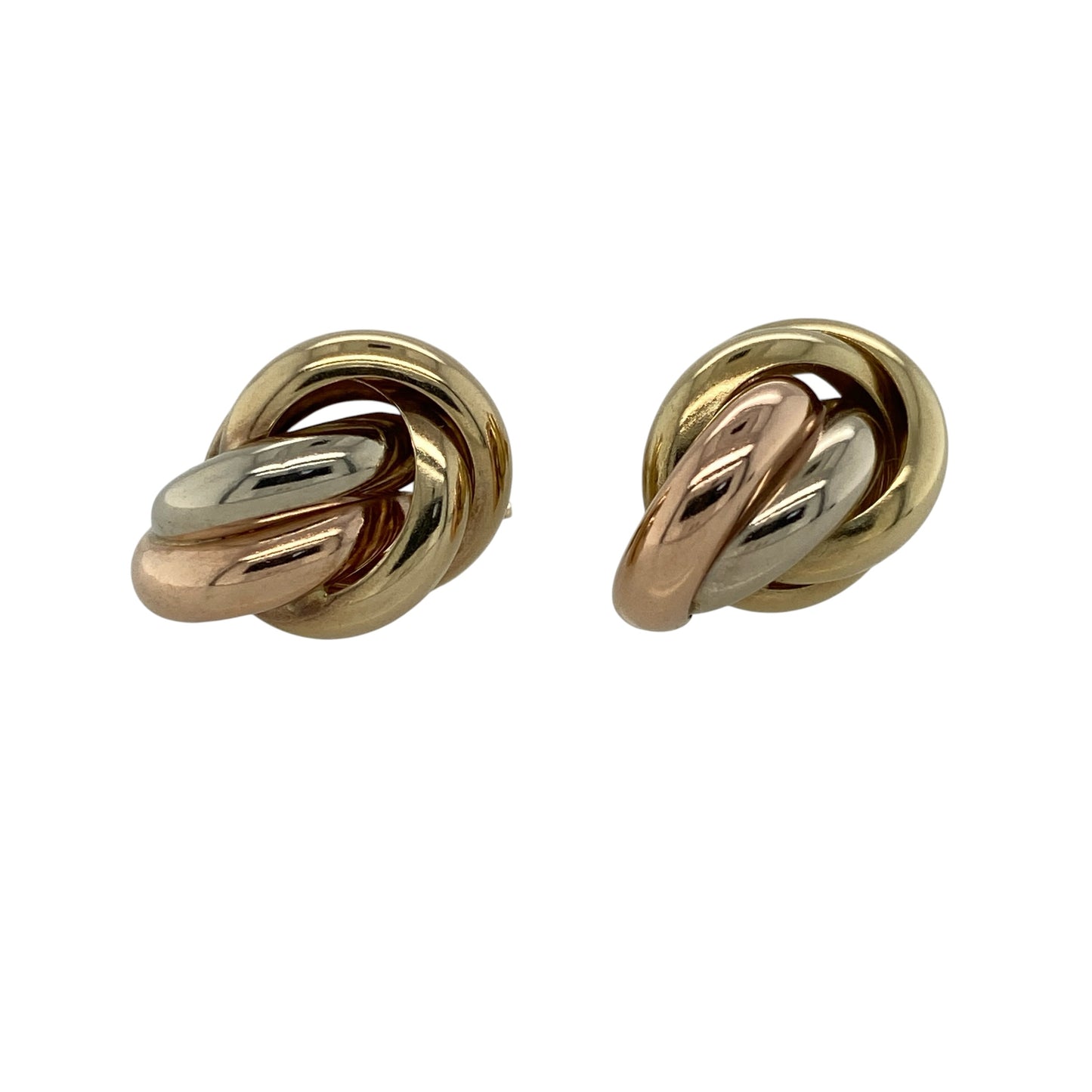 Add distinctive three-tone styling and timeless elegance to your jewellery collection with these pre-owned 9ct yellow, rose and white gold knot stud earrings, featuring an attractive interwoven design.

Design: The earrings showcase a classic knot-style design formed from intertwined sections of yellow, rose and white gold. The flowing arrangement creates texture, depth and visual interest, giving the earrings a distinctive appearance suitable for everyday wear or special occasions.