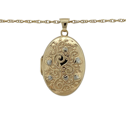 Add sentimental charm and elegant two-tone styling to your jewellery collection with this pre-owned 9ct yellow and white gold heart tree-style patterned oval locket necklace, complete with a 24-inch Prince of Wales chain.

Design: The necklace showcases an elegant oval locket enhanced with decorative heart and tree-inspired patterning, creating a meaningful and eye-catching appearance.