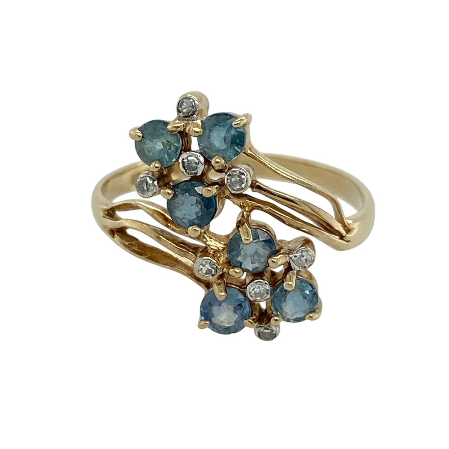 9ct Gold Diamond & Sapphire Double Cluster Flower Twist Ring