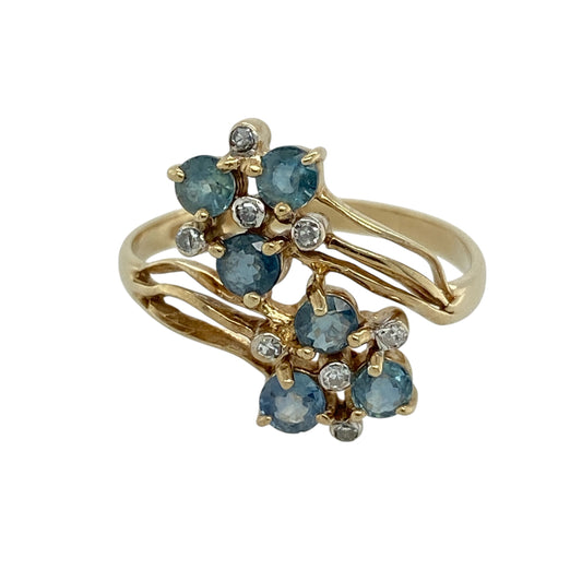 9ct Gold Diamond & Sapphire Double Cluster Flower Twist Ring