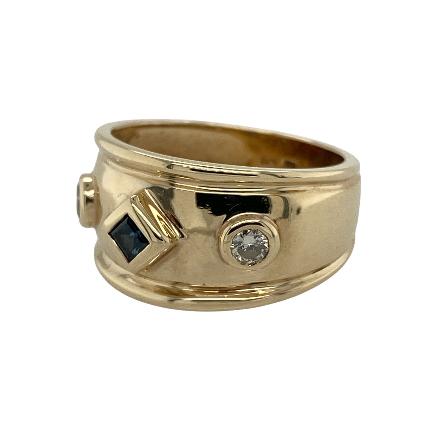 Add rich colour, sparkling brilliance and distinctive wide-band styling to your jewellery collection with this pre-owned 9ct yellow gold diamond and sapphire wide band ring, featuring a square sapphire complemented by two brilliant cut diamonds.

Design: The ring showcases an eye-catching wide band design with a decorative front measuring approximately 11mm high.
