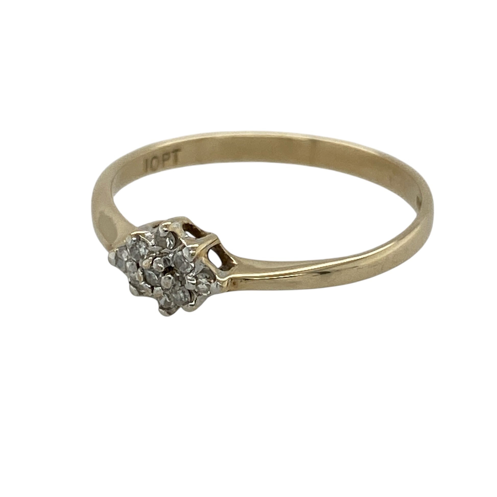Add understated elegance and delicate sparkle to your jewellery collection with this pre-owned 9ct yellow gold diamond small cluster ring, featuring a classic cluster design with timeless appeal.

Design: The ring showcases a refined cluster-style setting measuring approximately 6mm high across the front. Its compact design offers subtle sparkle and an elegant appearance, making it ideal for everyday wear or as a versatile addition to any jewellery collection.