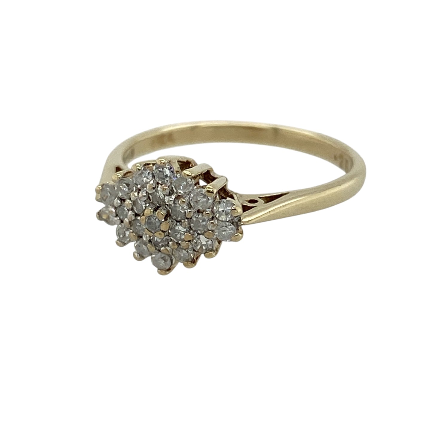 Add timeless elegance and subtle sparkle to your jewellery collection with this pre-owned 9ct yellow gold diamond cluster ring, featuring a classic cluster design with a refined profile.

Design: The ring showcases a beautiful diamond cluster setting measuring approximately 8mm high across the front. The classic cluster arrangement creates an attractive display of brilliance while maintaining an elegant and versatile appearance, making it suitable for everyday wear or special occasions.
