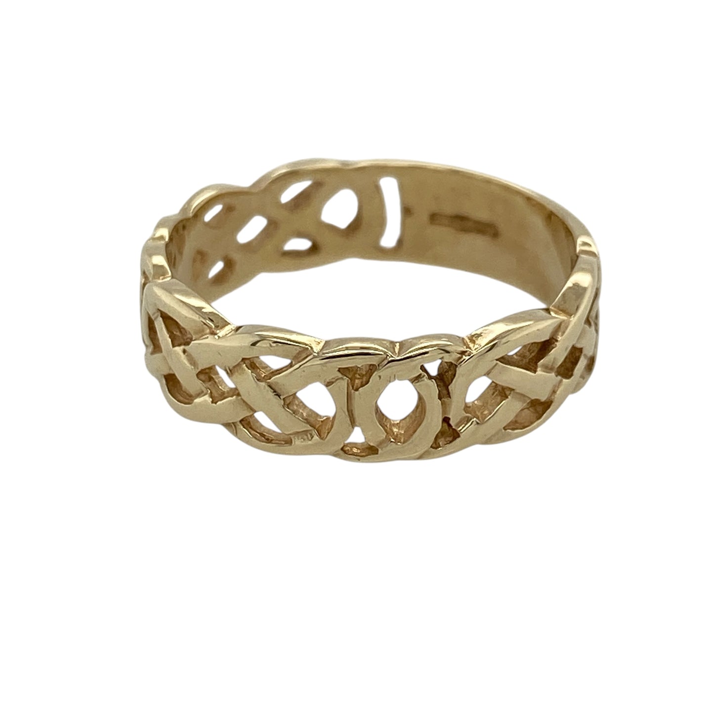 Add timeless symbolism and distinctive decorative detail to your jewellery collection with this pre-owned 9ct yellow gold Celtic knot band ring, featuring an intricate interwoven design with enduring appeal.

Design: The ring showcases a traditional Celtic knot pattern incorporated into a classic band-style profile.