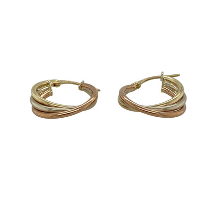 Add distinctive three-tone styling and timeless elegance to your jewellery collection with these pre-owned 9ct yellow, white and rose gold twisted hoop creole earrings, featuring an attractive intertwined design.

Design: The earrings showcase a classic hoop creole profile enhanced with twisted sections of yellow, white and rose gold.