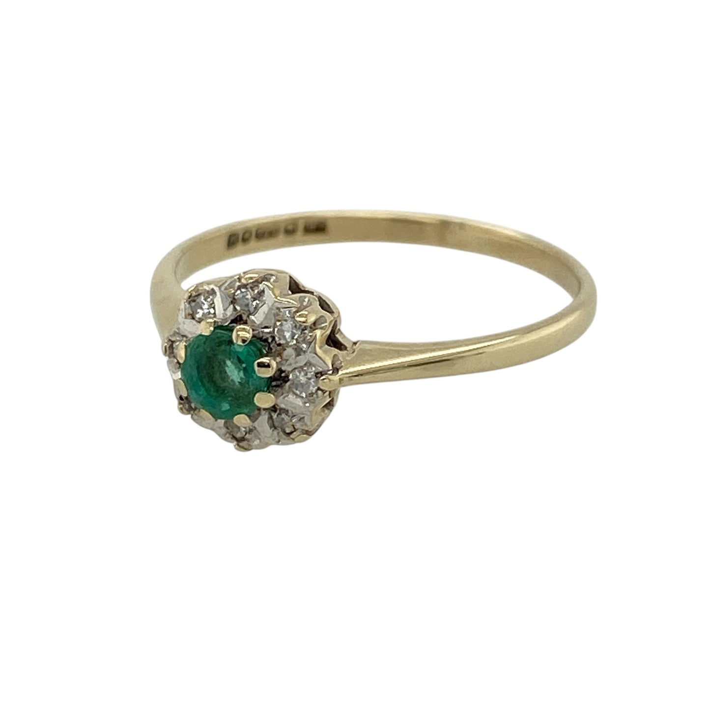 Add rich colour and classic elegance to your jewellery collection with this pre-owned 9ct yellow gold diamond and emerald cluster ring, featuring a timeless gemstone design with sparkling diamond detailing.

Design: The ring showcases a traditional cluster-style design centred around a vibrant emerald and complemented by surrounding diamonds, creating an attractive combination of rich colour and brilliance suitable for everyday wear or special occasions.